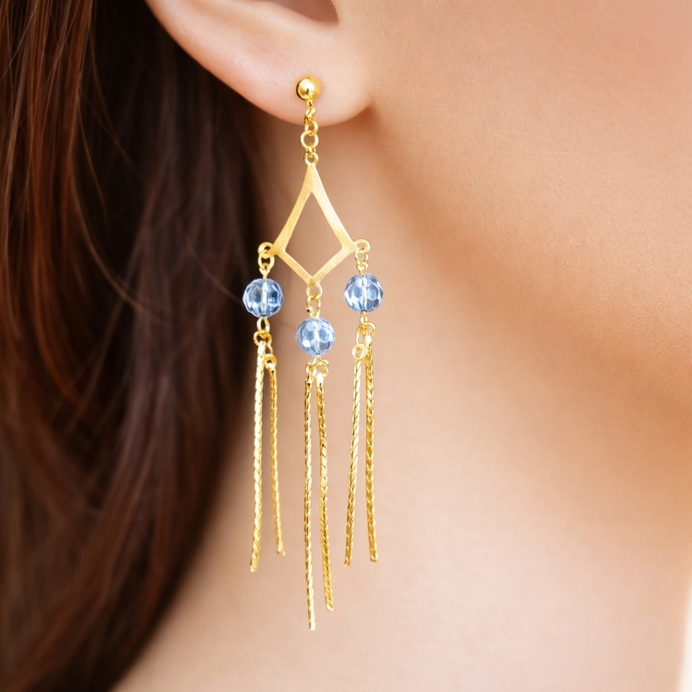 Women's Stunning Gold tone & Blue Beads Fringed Chandelier 3" Drop Earrings
